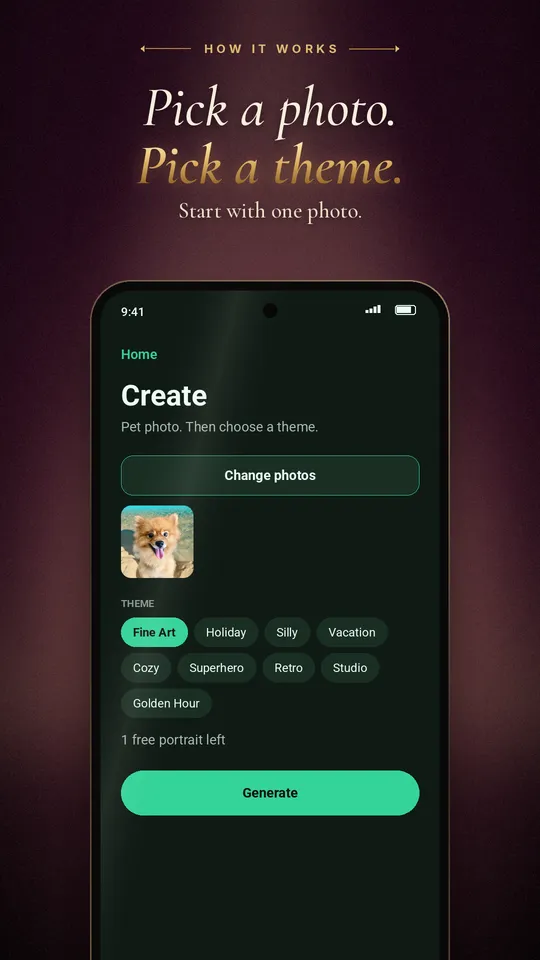Heartgild create screen with a photo and theme chips