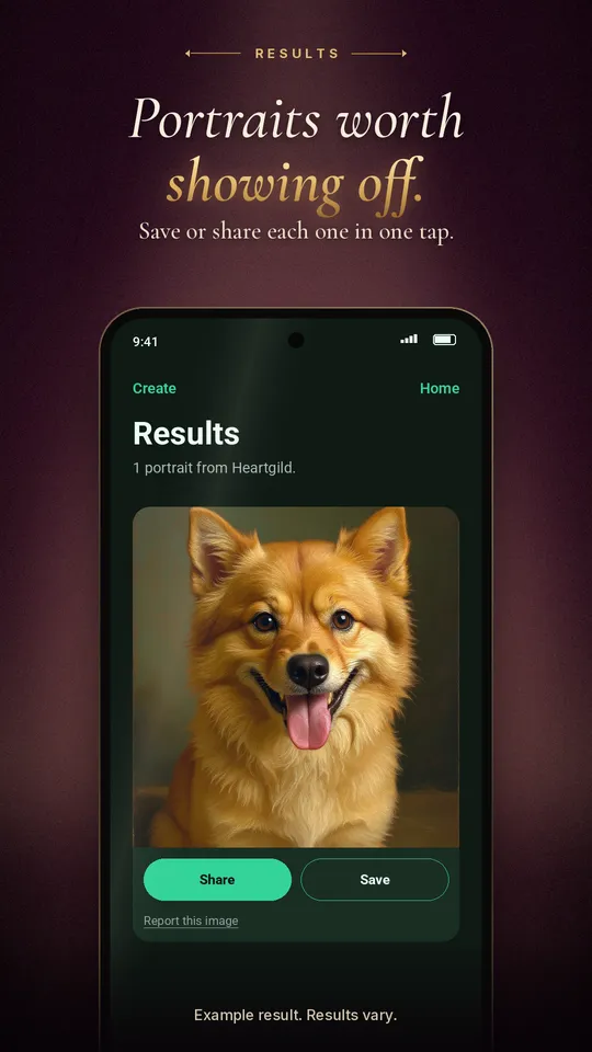 Heartgild results screen with a framed dog portrait and Share and Save buttons